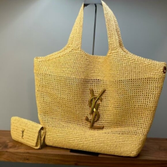 YSL RAFFIA TOTE handbag. ICARE IN RAFFIA NATUREL AND BROWN GOLD - Picture 2 of 8